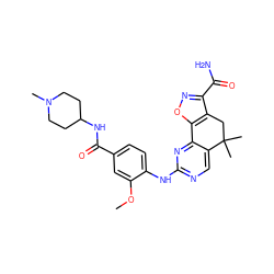 COc1cc(C(=O)NC2CCN(C)CC2)ccc1Nc1ncc2c(n1)-c1onc(C(N)=O)c1CC2(C)C ZINC000199450000