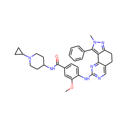 COc1cc(C(=O)NC2CCN(C3CC3)CC2)ccc1Nc1ncc2c(n1)-c1c(nn(C)c1-c1ccccc1)CC2 ZINC000169702371