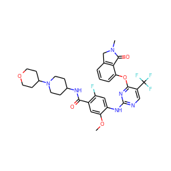 COc1cc(C(=O)NC2CCN(C3CCOCC3)CC2)c(F)cc1Nc1ncc(C(F)(F)F)c(Oc2cccc3c2C(=O)N(C)C3)n1 ZINC000169707556