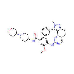 COc1cc(C(=O)NC2CCN(C3CCOCC3)CC2)ccc1Nc1ncc2c(n1)-c1c(nn(C)c1-c1ccccc1)CC2 ZINC000169702372