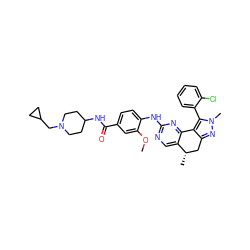 COc1cc(C(=O)NC2CCN(CC3CC3)CC2)ccc1Nc1ncc2c(n1)-c1c(nn(C)c1-c1ccccc1Cl)C[C@@H]2C ZINC000169702408