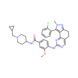 COc1cc(C(=O)NC2CCN(CC3CC3)CC2)ccc1Nc1ncc2c(n1)-c1c(nn(C)c1-c1ccccc1Cl)CC2 ZINC000169702399