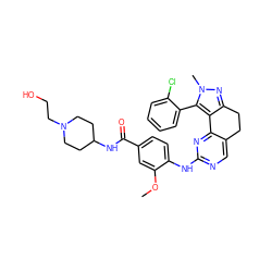 COc1cc(C(=O)NC2CCN(CCO)CC2)ccc1Nc1ncc2c(n1)-c1c(nn(C)c1-c1ccccc1Cl)CC2 ZINC000143085482