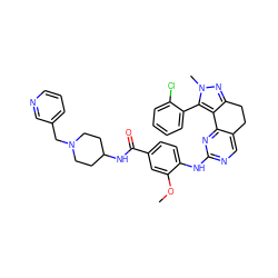 COc1cc(C(=O)NC2CCN(Cc3cccnc3)CC2)ccc1Nc1ncc2c(n1)-c1c(nn(C)c1-c1ccccc1Cl)CC2 ZINC000169702397