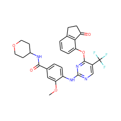 COc1cc(C(=O)NC2CCOCC2)ccc1Nc1ncc(C(F)(F)F)c(Oc2cccc3c2C(=O)CC3)n1 ZINC000145962760