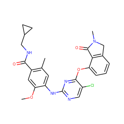 COc1cc(C(=O)NCC2CC2)c(C)cc1Nc1ncc(Cl)c(Oc2cccc3c2C(=O)N(C)C3)n1 ZINC000146048281