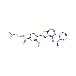 COc1cc(C(=O)NCCN(C)C)ccc1-c1cc2c(N[C@H](C)c3ccccc3)ncnc2s1 ZINC000653699907