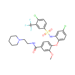 COc1cc(C(=O)NCCN2CCCCC2)ccc1Oc1ccc(Cl)cc1NS(=O)(=O)c1ccc(Cl)c(C(F)(F)F)c1 ZINC000082190203