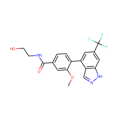 COc1cc(C(=O)NCCO)ccc1-c1cc(C(F)(F)F)cc2[nH]ncc12 ZINC000222301138