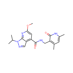 COc1cc(C(=O)NCc2c(C)cc(C)[nH]c2=O)c2cnn(C(C)C)c2n1 ZINC000142885905