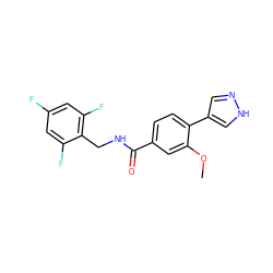 COc1cc(C(=O)NCc2c(F)cc(F)cc2F)ccc1-c1cn[nH]c1 ZINC001772649915