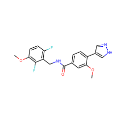 COc1cc(C(=O)NCc2c(F)ccc(OC)c2F)ccc1-c1cn[nH]c1 ZINC000221713846