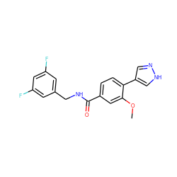 COc1cc(C(=O)NCc2cc(F)cc(F)c2)ccc1-c1cn[nH]c1 ZINC000221725444