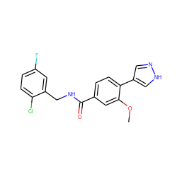 COc1cc(C(=O)NCc2cc(F)ccc2Cl)ccc1-c1cn[nH]c1 ZINC000213996893