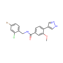 COc1cc(C(=O)NCc2ccc(Br)cc2Cl)ccc1-c1cn[nH]c1 ZINC000221699939