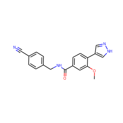 COc1cc(C(=O)NCc2ccc(C#N)cc2)ccc1-c1cn[nH]c1 ZINC001772596335