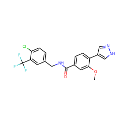 COc1cc(C(=O)NCc2ccc(Cl)c(C(F)(F)F)c2)ccc1-c1cn[nH]c1 ZINC000221714695