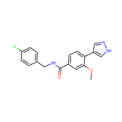 COc1cc(C(=O)NCc2ccc(Cl)cc2)ccc1-c1cn[nH]c1 ZINC000221729915