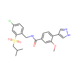 COc1cc(C(=O)NCc2ccc(Cl)cc2S(=O)(=O)CC(C)C)ccc1-c1cn[nH]c1 ZINC000221733730