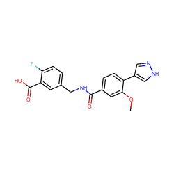 COc1cc(C(=O)NCc2ccc(F)c(C(=O)O)c2)ccc1-c1cn[nH]c1 ZINC001772579874