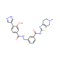 COc1cc(C(=O)NCc2cccc(C(=O)Nc3nc4c(s3)CN(C)CC4)c2)ccc1-c1cn[nH]c1 ZINC001772581638