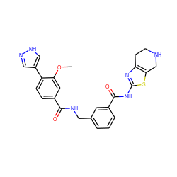 COc1cc(C(=O)NCc2cccc(C(=O)Nc3nc4c(s3)CNCC4)c2)ccc1-c1cn[nH]c1 ZINC001772635877