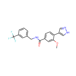 COc1cc(C(=O)NCc2cccc(C(F)(F)F)c2)ccc1-c1cn[nH]c1 ZINC000221700011