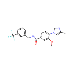 COc1cc(C(=O)NCc2cccc(C(F)(F)F)c2)ccc1-n1cnc(C)c1 ZINC000084596592