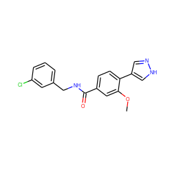 COc1cc(C(=O)NCc2cccc(Cl)c2)ccc1-c1cn[nH]c1 ZINC000221725164