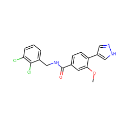 COc1cc(C(=O)NCc2cccc(Cl)c2Cl)ccc1-c1cn[nH]c1 ZINC000221719460