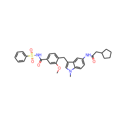 COc1cc(C(=O)NS(=O)(=O)c2ccccc2)ccc1Cc1cn(C)c2ccc(NC(=O)CC3CCCC3)cc12 ZINC000029476484