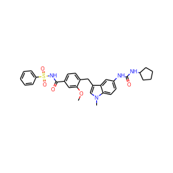 COc1cc(C(=O)NS(=O)(=O)c2ccccc2)ccc1Cc1cn(C)c2ccc(NC(=O)NC3CCCC3)cc12 ZINC000029476478