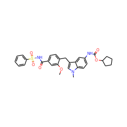 COc1cc(C(=O)NS(=O)(=O)c2ccccc2)ccc1Cc1cn(C)c2ccc(NC(=O)OC3CCCC3)cc12 ZINC000029469503