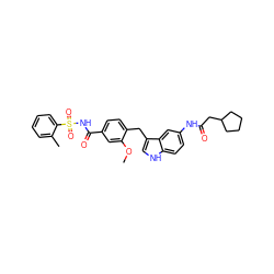 COc1cc(C(=O)NS(=O)(=O)c2ccccc2C)ccc1Cc1c[nH]c2ccc(NC(=O)CC3CCCC3)cc12 ZINC000029477171