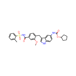 COc1cc(C(=O)NS(=O)(=O)c2ccccc2C)ccc1Cc1c[nH]c2ccc(NC(=O)OC3CCCC3)cc12 ZINC000026490897