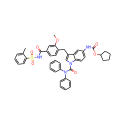 COc1cc(C(=O)NS(=O)(=O)c2ccccc2C)ccc1Cc1cn(C(=O)N(c2ccccc2)c2ccccc2)c2ccc(NC(=O)OC3CCCC3)cc12 ZINC000095610365