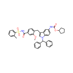 COc1cc(C(=O)NS(=O)(=O)c2ccccc2C)ccc1Cc1cn(C(c2ccccc2)c2ccccc2)c2ccc(NC(=O)OC3CCCC3)cc12 ZINC000027520632