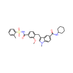 COc1cc(C(=O)NS(=O)(=O)c2ccccc2C)ccc1Cc1cn(C)c2ccc(C(=O)NC3CCCCC3)cc12 ZINC000027331438