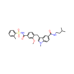 COc1cc(C(=O)NS(=O)(=O)c2ccccc2C)ccc1Cc1cn(C)c2ccc(C(=O)NCCC(C)C)cc12 ZINC000027331435