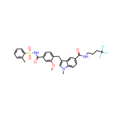 COc1cc(C(=O)NS(=O)(=O)c2ccccc2C)ccc1Cc1cn(C)c2ccc(C(=O)NCCCC(F)(F)F)cc12 ZINC000028755692