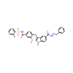 COc1cc(C(=O)NS(=O)(=O)c2ccccc2C)ccc1Cc1cn(C)c2ccc(C(=O)NCCc3ccccc3)cc12 ZINC000027329777