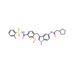 COc1cc(C(=O)NS(=O)(=O)c2ccccc2C)ccc1Cc1cn(C)c2ccc(NC(=O)CC3CCCC3)cc12 ZINC000029475993