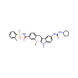 COc1cc(C(=O)NS(=O)(=O)c2ccccc2C)ccc1Cc1cn(C)c2ccc(NC(=O)NC3CCCC3)cc12 ZINC000029474566