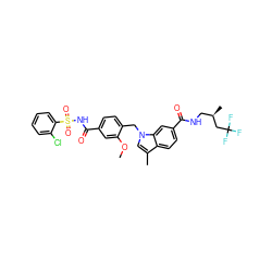 COc1cc(C(=O)NS(=O)(=O)c2ccccc2Cl)ccc1Cn1cc(C)c2ccc(C(=O)NC[C@@H](C)CC(F)(F)F)cc21 ZINC000028755694