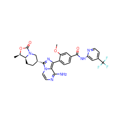 COc1cc(C(=O)Nc2cc(C(F)(F)F)ccn2)ccc1-c1nc([C@@H]2CC[C@H]3[C@@H](C)OC(=O)N3C2)n2ccnc(N)c12 ZINC000145435170