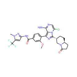 COc1cc(C(=O)Nc2cc(C(F)(F)F)n(C)n2)ccc1-c1nc([C@@H]2CC[C@H]3CCC(=O)N3C2)n2c(Cl)cnc(N)c12 ZINC000145355910