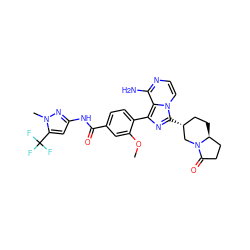 COc1cc(C(=O)Nc2cc(C(F)(F)F)n(C)n2)ccc1-c1nc([C@@H]2CC[C@H]3CCC(=O)N3C2)n2ccnc(N)c12 ZINC000145415612