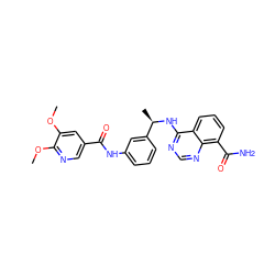 COc1cc(C(=O)Nc2cccc([C@@H](C)Nc3ncnc4c(C(N)=O)cccc34)c2)cnc1OC ZINC000114347670