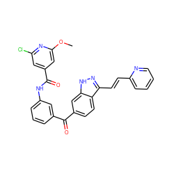 COc1cc(C(=O)Nc2cccc(C(=O)c3ccc4c(/C=C/c5ccccn5)n[nH]c4c3)c2)cc(Cl)n1 ZINC000167566579