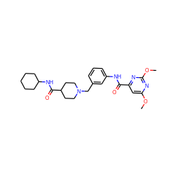 COc1cc(C(=O)Nc2cccc(CN3CCC(C(=O)NC4CCCCC4)CC3)c2)nc(OC)n1 ZINC001772592420